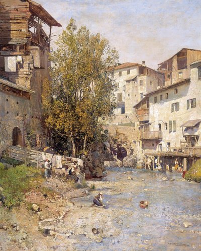 Landschaft mit einem Dorf am Stadtrand von Rom von Mariano Barbasan Lagueruela